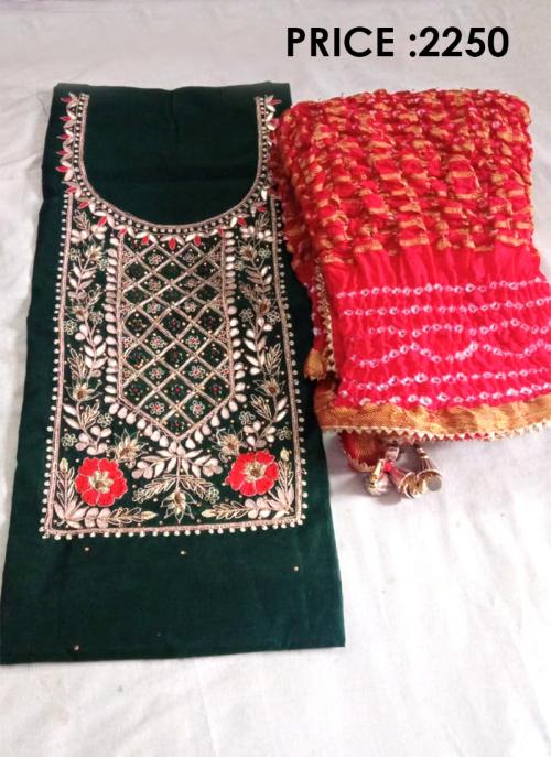 Green Cotton Chanderi Party Wear Embroidery Work Dress Material